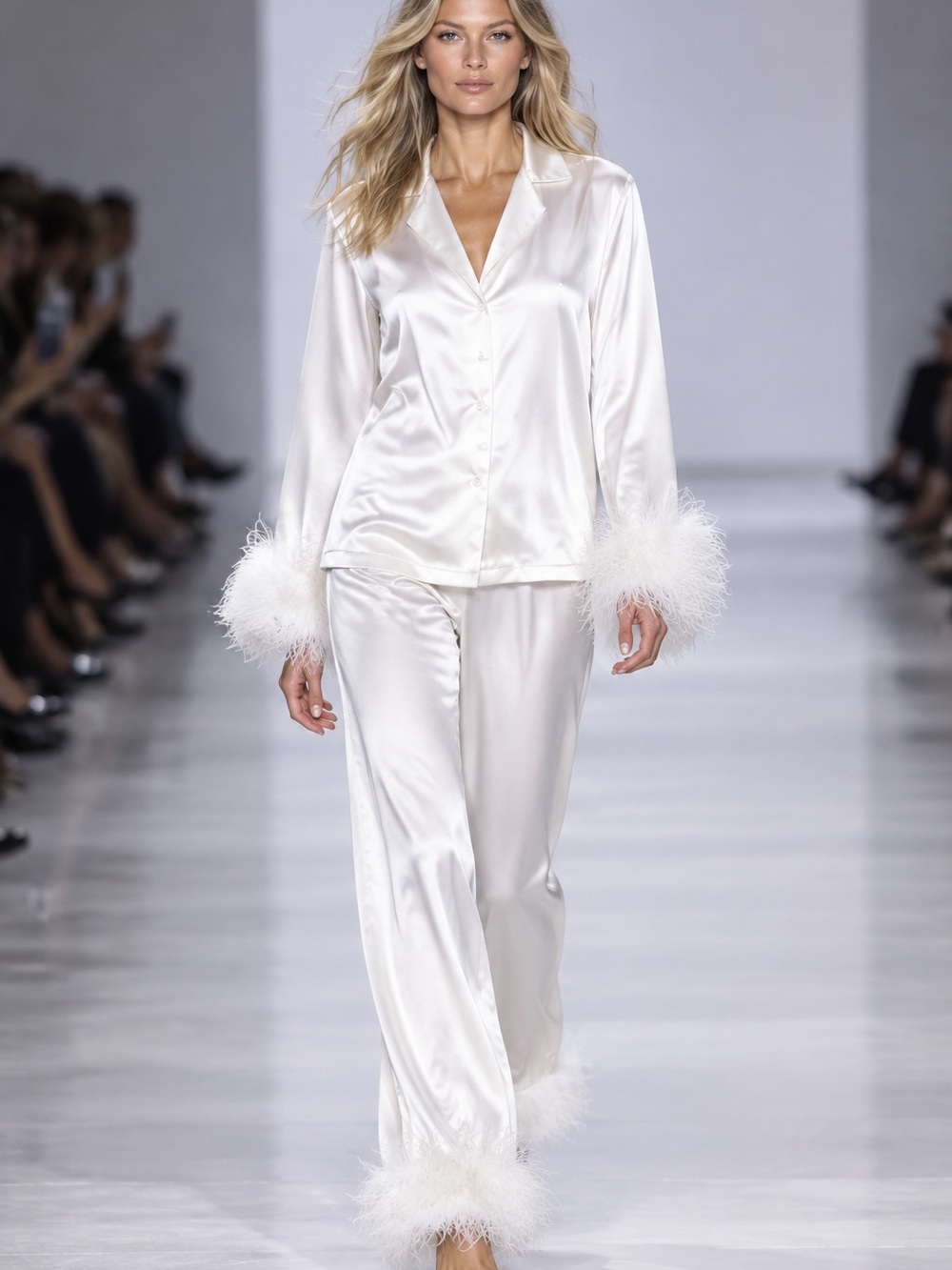Linea Donatella White Silk-Satin Feather-Trim Wide Leg Pajama Set |NWT💕
